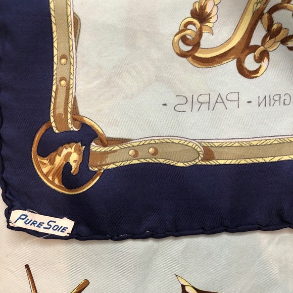 Hand Finished Gold Navy & Pale blue Vintage Pellegrin Paris Scarf from France 🇫🇷 - Picture 4 of 7